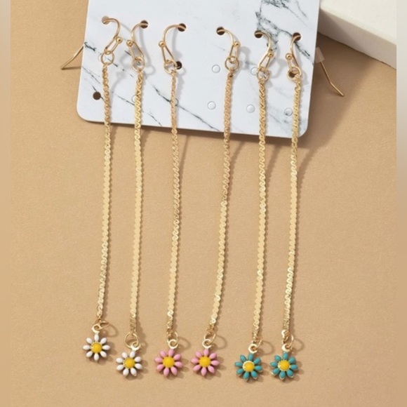 3 pair long floral gold drop chain dangle simple earrings - Picture 2 of 3